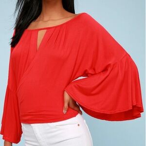 Free People Cross Over Crop Bell Sleeve Red Medium “Last Time Surplice” 602502